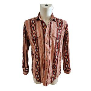 Vintage Wrangler Mens Western Aztec Pearl Snap Long Sleeve Shirt L EUC